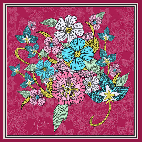 Marrero Collection Boho Chic Berry Flowers Square Silk Scarf